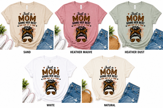 Just a Mom Doing Her Best One Day at a Time – Leopard Print Graphic T-Shirt | Unisex Softstyle Tee