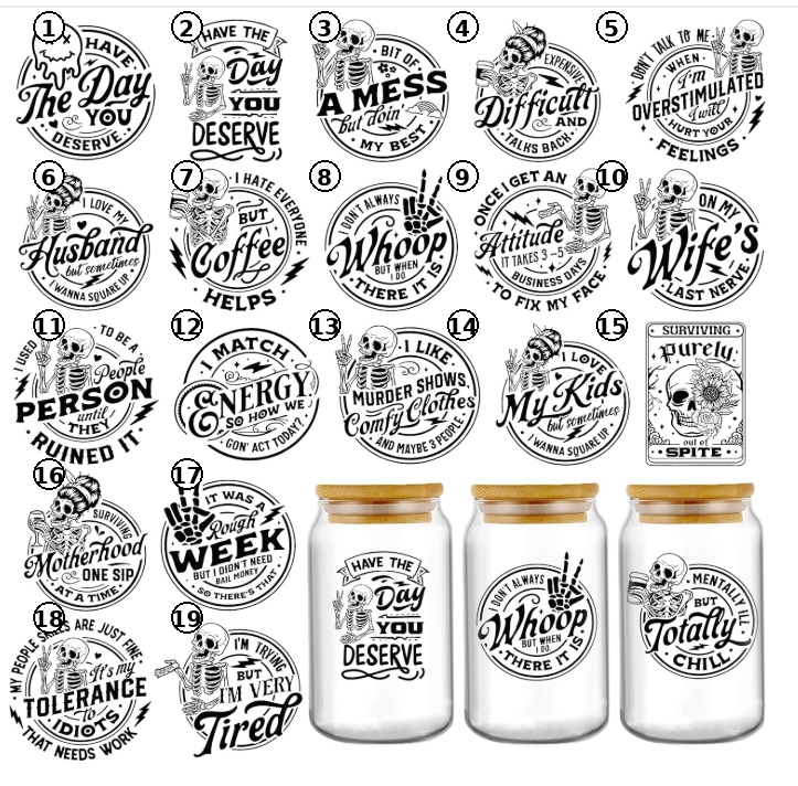 Sarcastic Glass Can Wrap Collection – Funny Skeleton Designs